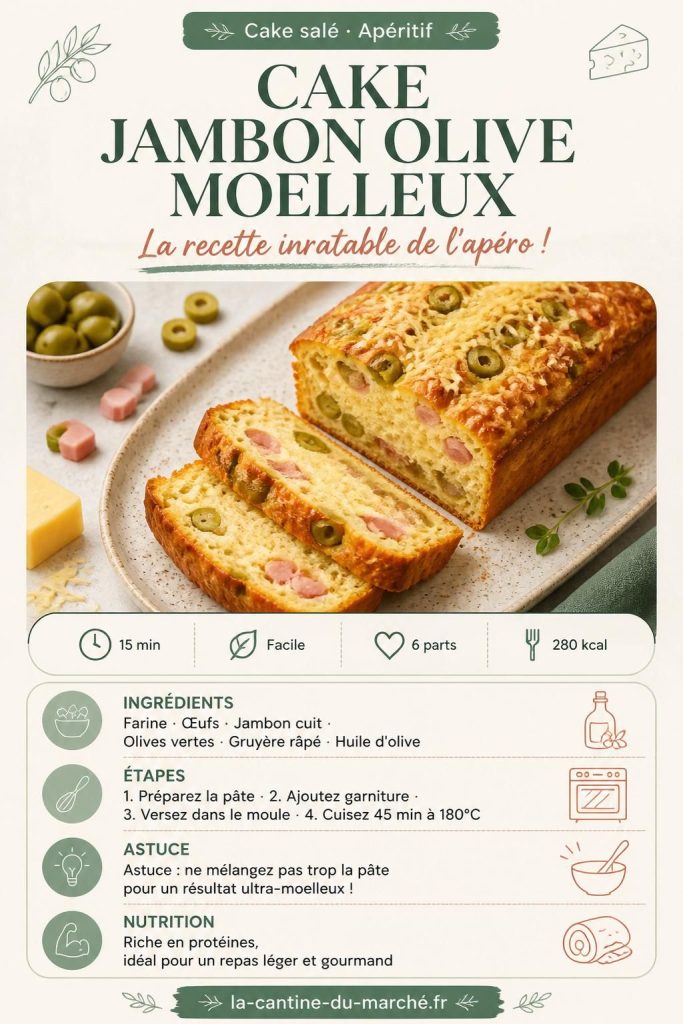 Cake jambon olive moelleux tranché, olives vertes et gruyère fondant, sur fond clair — recette facile