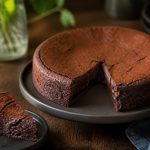 Gâteau au chocolat moelleux tranché sur une planche en bois, texture fondante visible, saupoudré de cacao, lumière naturelle douce