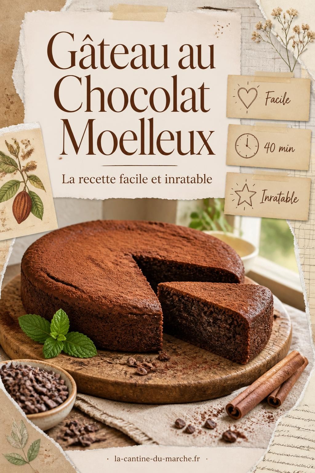 Gâteau au chocolat moelleux tranché, texture fondante, sur planche rustique — recette facile la-cantine-du-marche.fr
