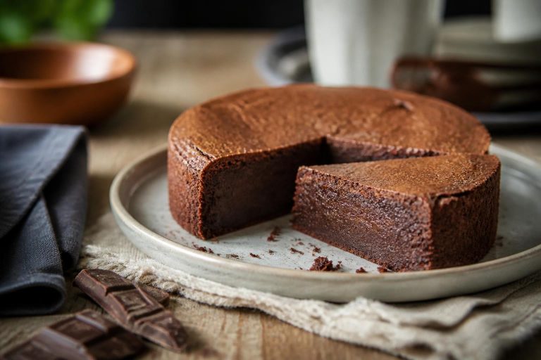 Gâteau au chocolat sans gluten moelleux, tranché sur une assiette en céramique blanche avec une touche de cacao en poudre