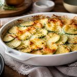Gratin de courgettes façon mamie doré et gratiné dans un plat en céramique, sorti du four