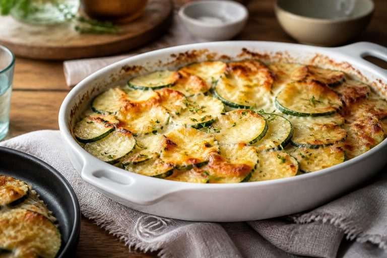 Gratin de courgettes façon mamie doré et gratiné dans un plat en céramique, sorti du four