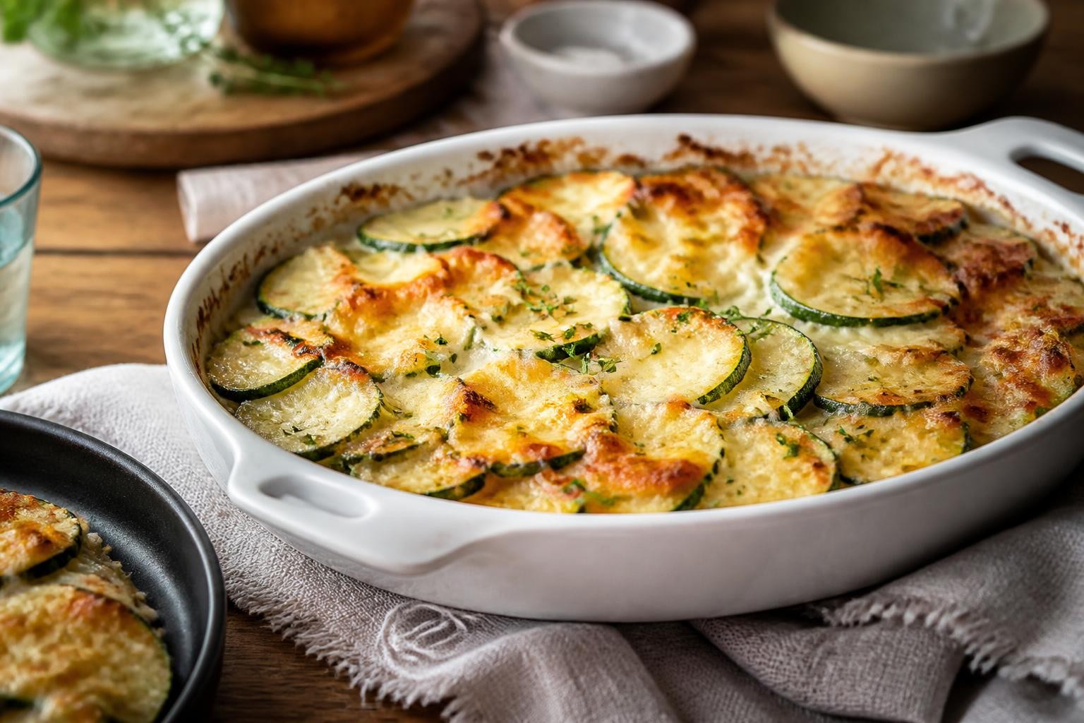 Gratin de courgettes façon mamie doré et gratiné dans un plat en céramique, sorti du four