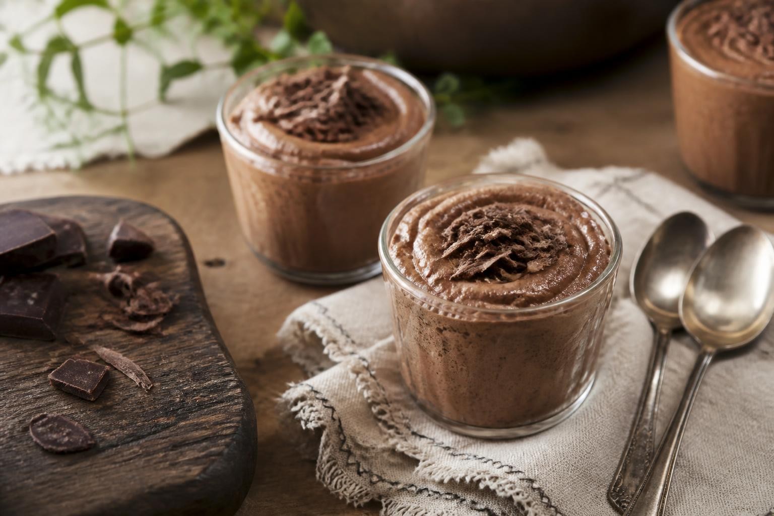 Mousse au chocolat de grand-mère servie en verrines, parsemée de copeaux de chocolat noir, sur une table en bois rustique