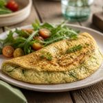 Omelette aux courgettes râpées moelleuse dans une poêle antiadhésive, parsemée d'herbes fraîches, servie sur une assiette en céramique blanche