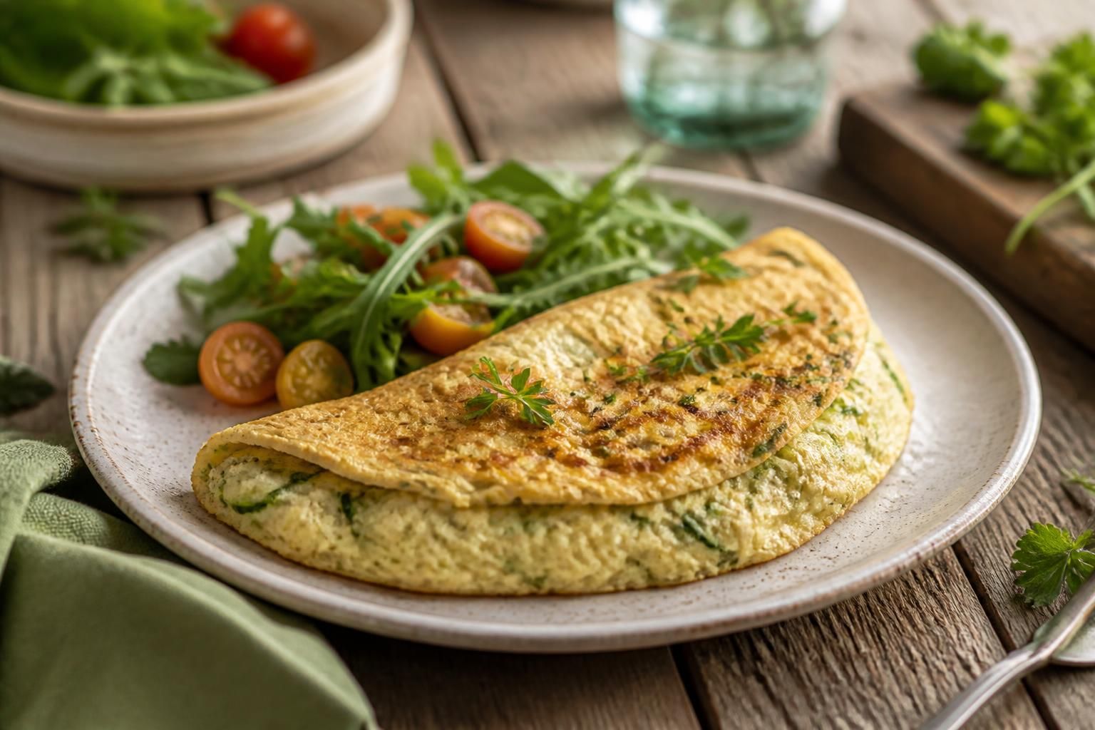 Omelette aux courgettes râpées moelleuse dans une poêle antiadhésive, parsemée d'herbes fraîches, servie sur une assiette en céramique blanche