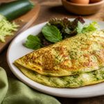 Omelette aux courgettes râpées dorée dans une poêle antiadhésive, texture moelleuse et herbes fraîches visibles