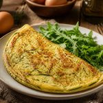 Omelette aux courgettes râpées dorée et moelleuse dans une poêle antiadhésive, garnie d'herbes fraîches