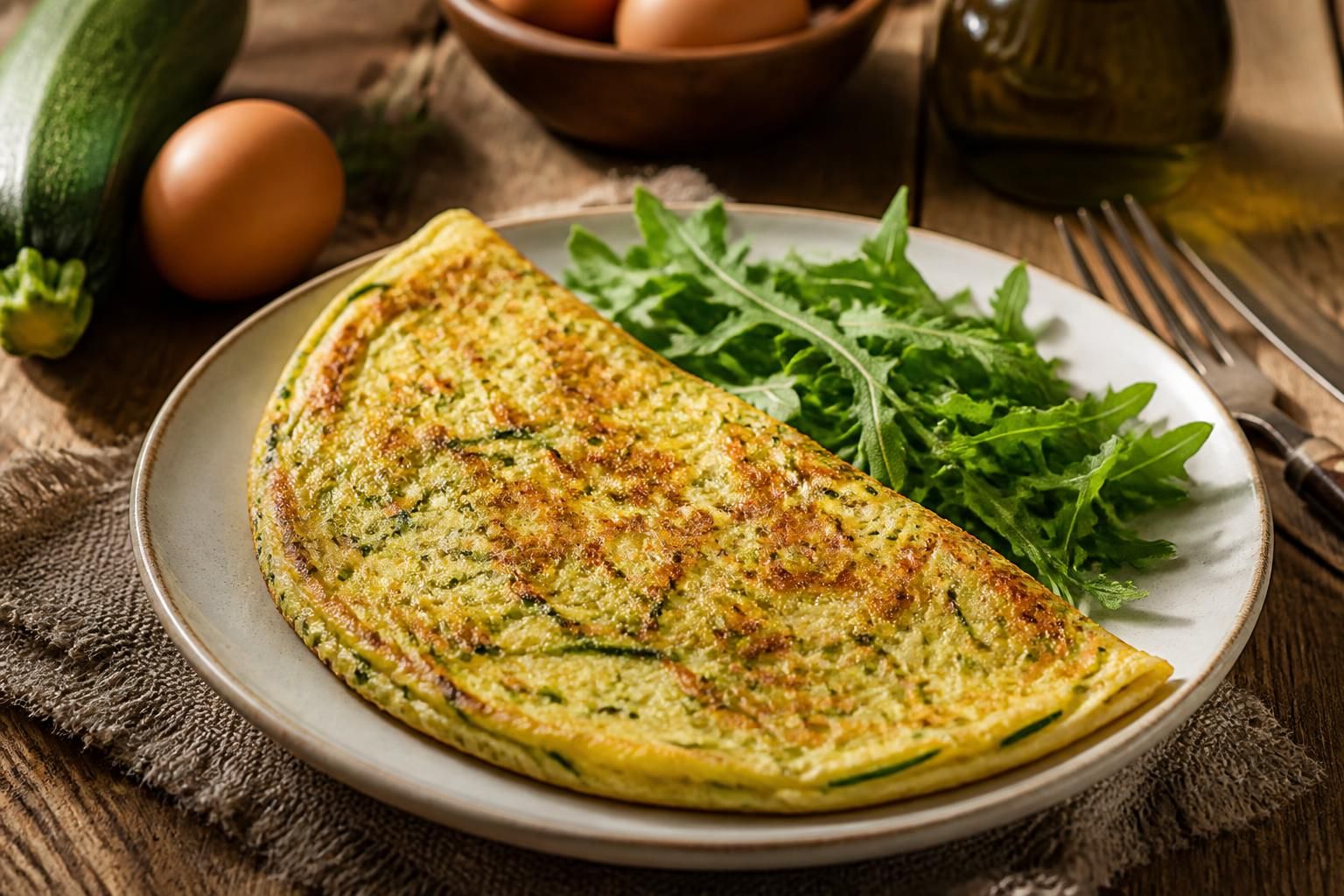 Omelette aux courgettes râpées dorée et moelleuse dans une poêle antiadhésive, garnie d'herbes fraîches