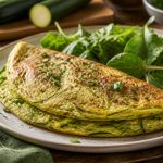 Omelette aux courgettes râpées dorée dans une poêle antiadhésive, garnie de ciboulette fraîche, servie sur une assiette blanche