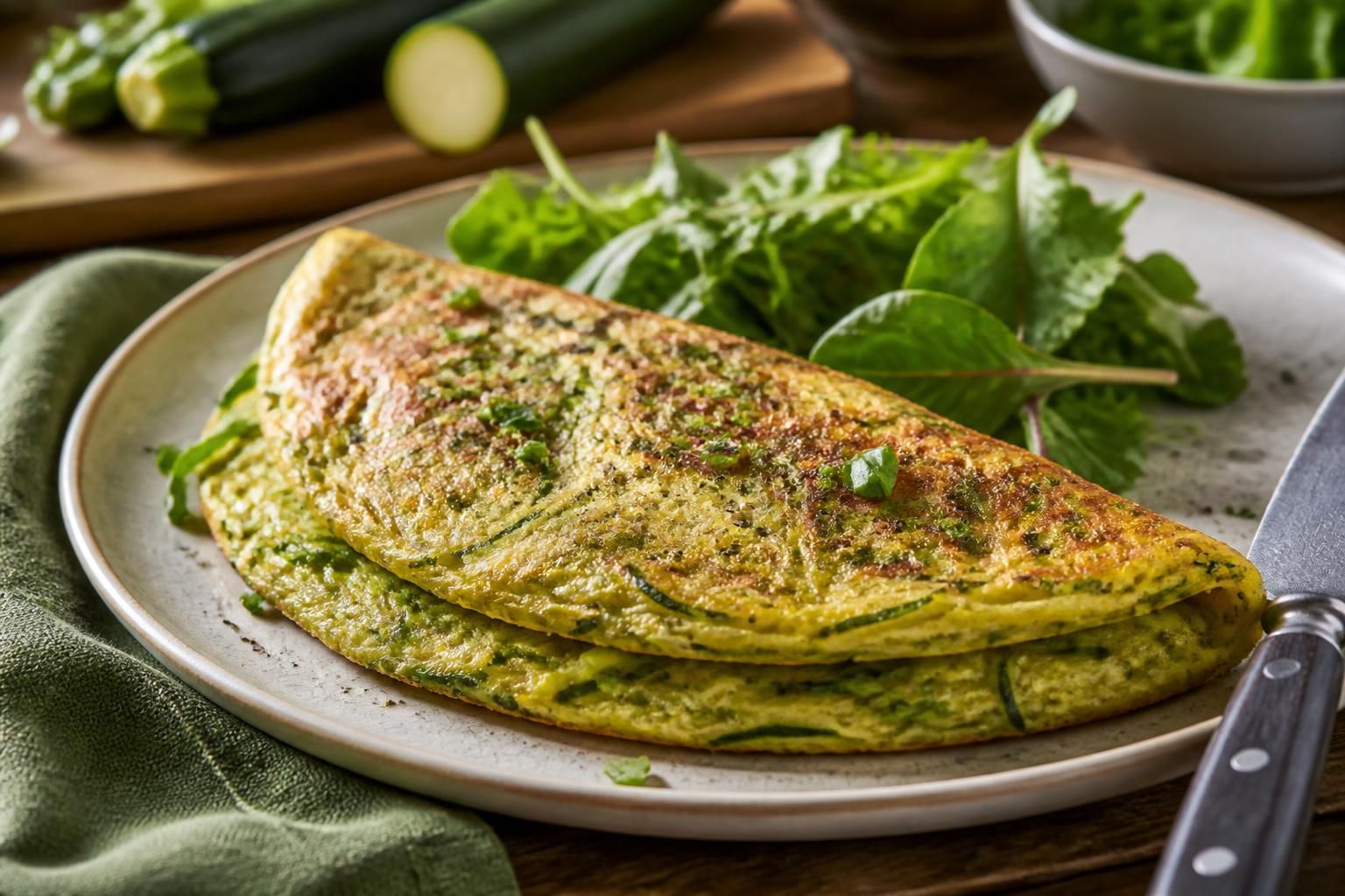 Omelette aux courgettes râpées dorée dans une poêle antiadhésive, garnie de ciboulette fraîche, servie sur une assiette blanche