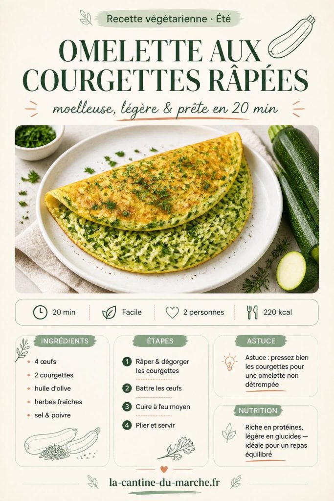 Omelette aux courgettes râpées moelleuse, dorée, garnie d'herbes fraîches — recette facile en 20 min