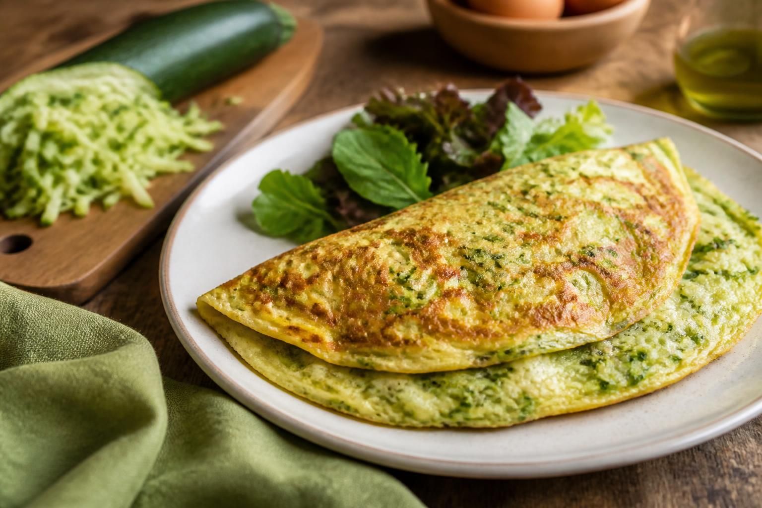Omelette aux courgettes râpées dorée dans une poêle antiadhésive, texture moelleuse et herbes fraîches visibles