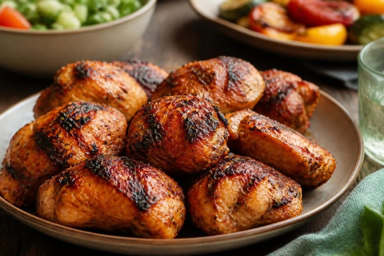 Poulet mariné pour barbecue doré et juteux sur une grille, entouré de citrons et d'herbes fraîches