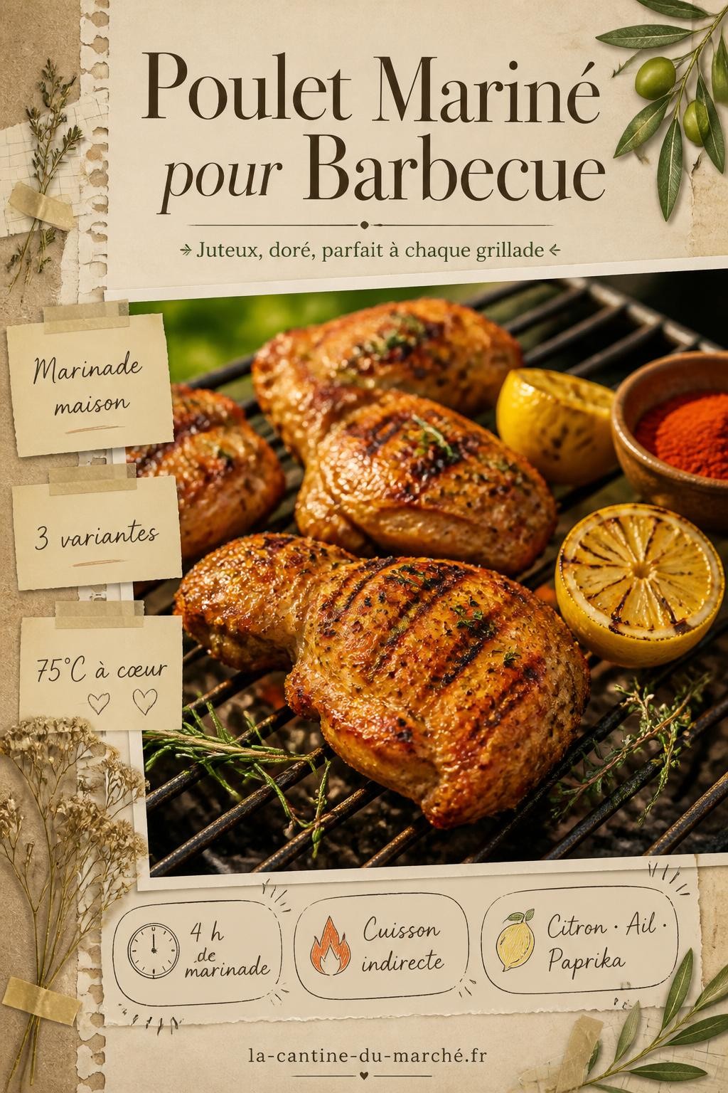Pilons de poulet mariné dorés sur barbecue avec herbes et citron