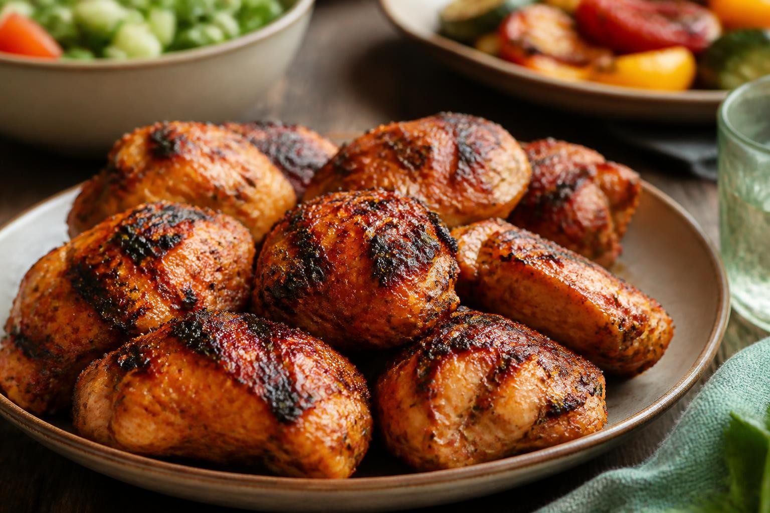 Poulet mariné pour barbecue doré et juteux sur une grille, entouré de citrons et d'herbes fraîches