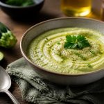 Purée de courgettes onctueuse servie dans un bol blanc, avec un filet d'huile d'olive et quelques feuilles de basilic frais