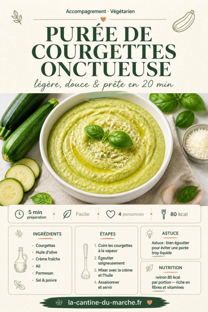 Purée de courgettes onctueuse dans un bol blanc avec huile d'olive et basilic — recette facile la-cantine-du-marche.fr
