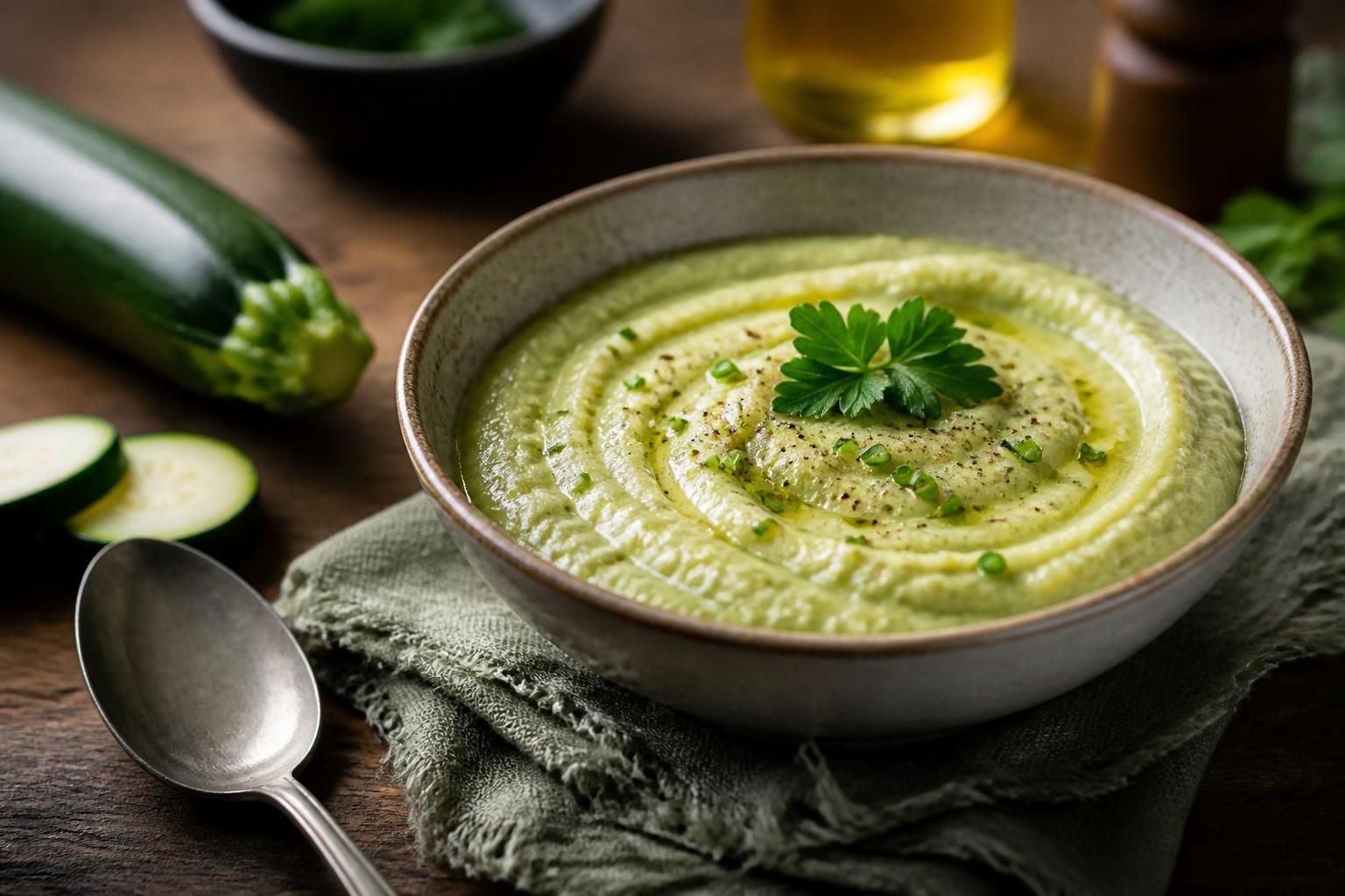 Purée de courgettes onctueuse servie dans un bol blanc, avec un filet d'huile d'olive et quelques feuilles de basilic frais
