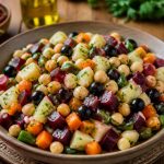 Salade marocaine traditionnelle (Chlada) dans un grand plat creux, avec tomates en dés, concombre, oignon rouge, poivron vert, olives noires, coriandre fraîche et vinaigrette cumin-citron-huile d'olive