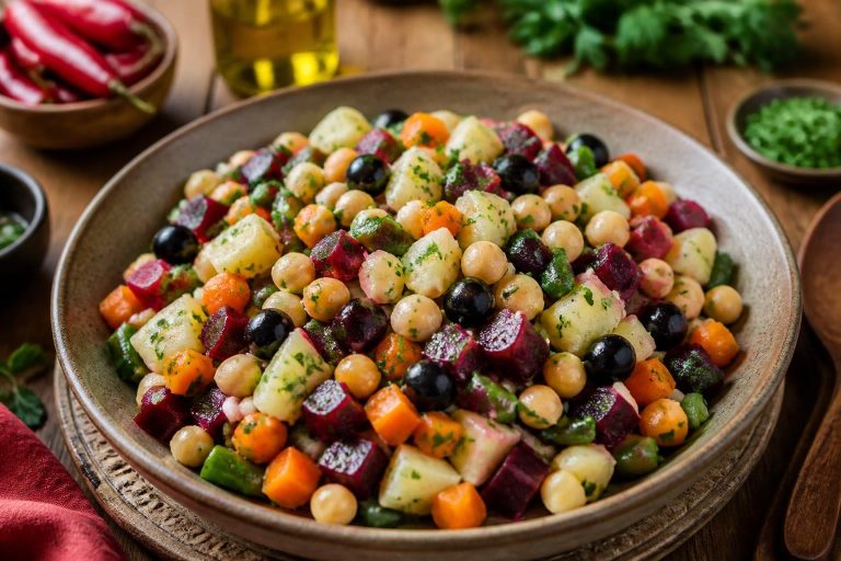 Salade marocaine traditionnelle (Chlada) dans un grand plat creux, avec tomates en dés, concombre, oignon rouge, poivron vert, olives noires, coriandre fraîche et vinaigrette cumin-citron-huile d'olive