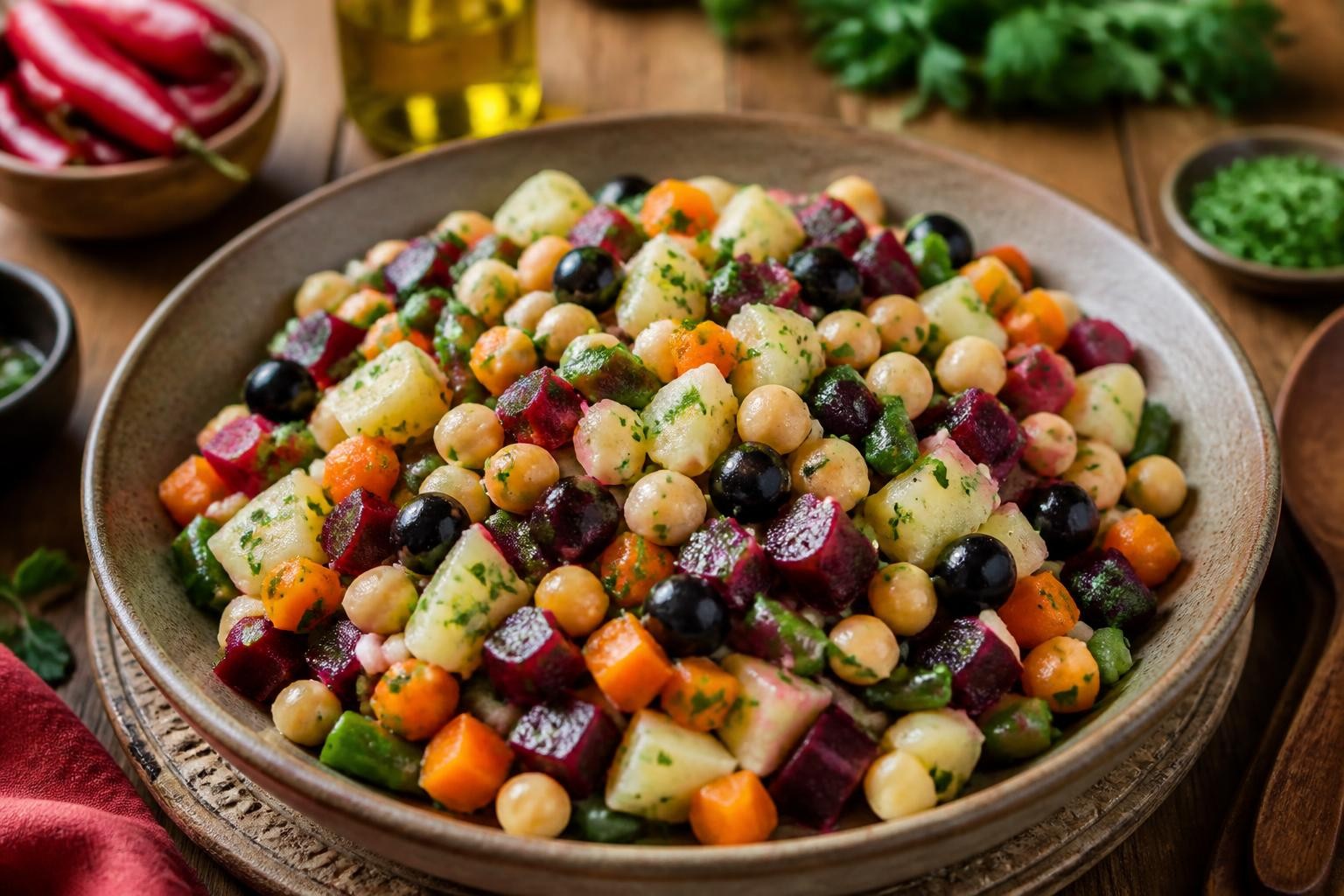 Salade marocaine traditionnelle (Chlada) dans un grand plat creux, avec tomates en dés, concombre, oignon rouge, poivron vert, olives noires, coriandre fraîche et vinaigrette cumin-citron-huile d'olive