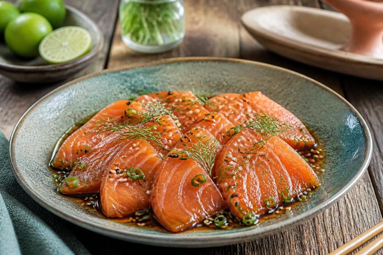 Pavés de saumon mariné à la sauce soja et au miel, caramélisés à la poêle, parsemés de graines de sésame noir et de cébette, servis sur riz japonais