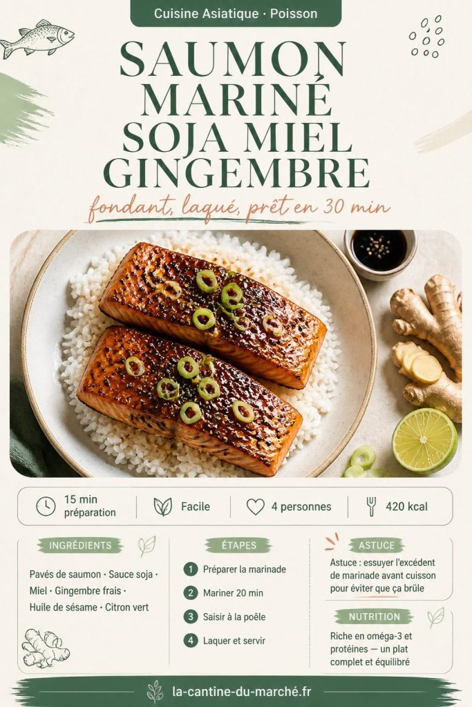 Pavés de saumon mariné soja miel gingembre, laqués et parsemés de sésame noir, servis sur riz japonais