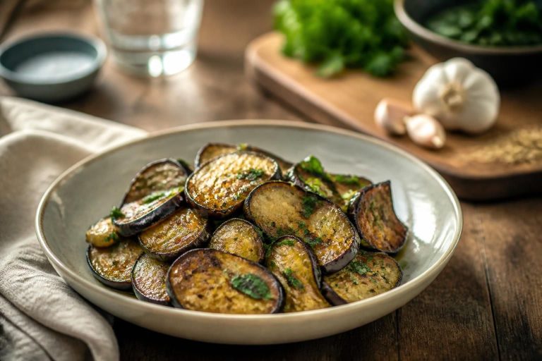 Aubergines à la poêle à l'ail, dorées et fondantes, servies avec du persil plat frais et un filet d'huile d'olive vierge extra