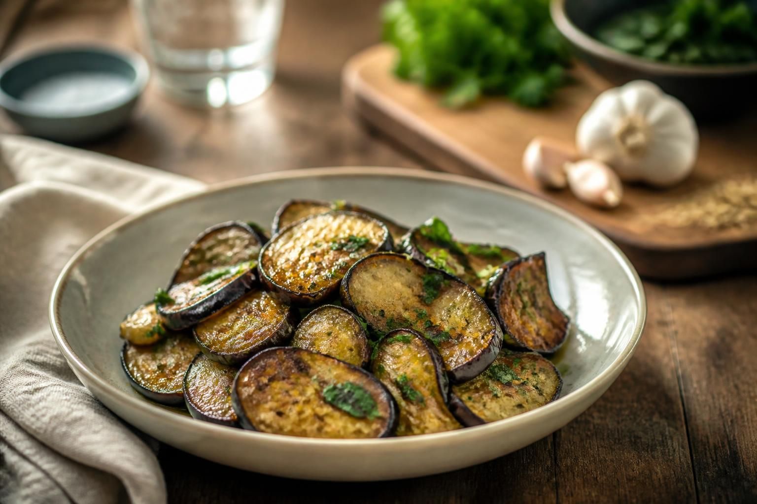 Aubergines à la poêle à l'ail, dorées et fondantes, servies avec du persil plat frais et un filet d'huile d'olive vierge extra