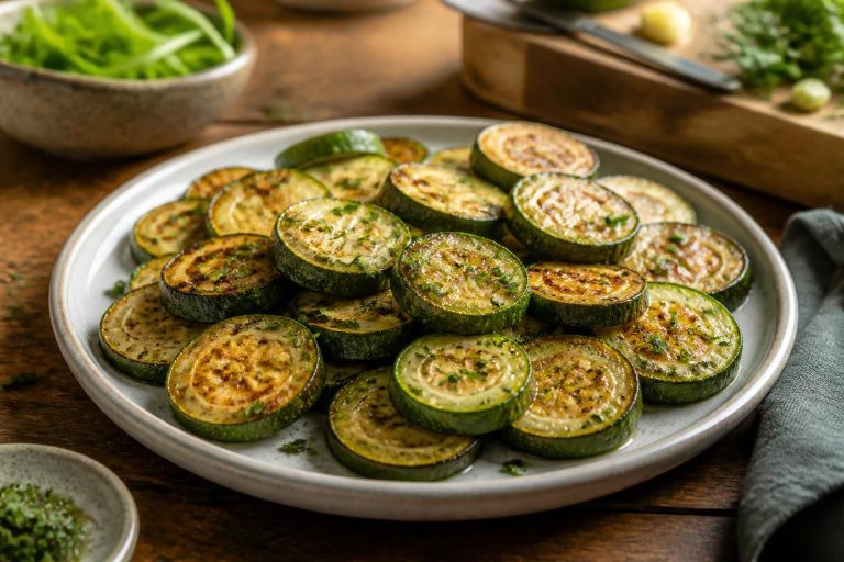 Rondelles de courgettes dorées à la poêle avec un filet d'huile d'olive et de l'ail émincé, cuites à feu moyen sur une plaque de cuisson antiadhésive