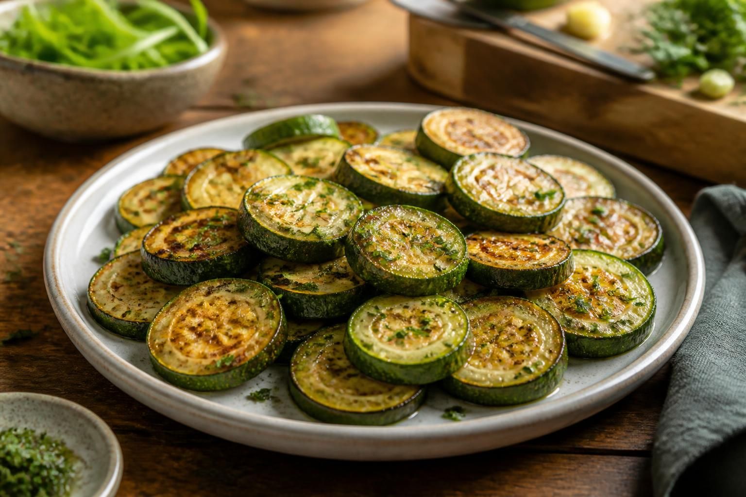 Rondelles de courgettes dorées à la poêle avec un filet d'huile d'olive et de l'ail émincé, cuites à feu moyen sur une plaque de cuisson antiadhésive
