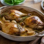 Cuisses de poulet au four nappées d'une sauce dorée, servies dans un plat à rôtir avec des herbes fraîches et de l'ail