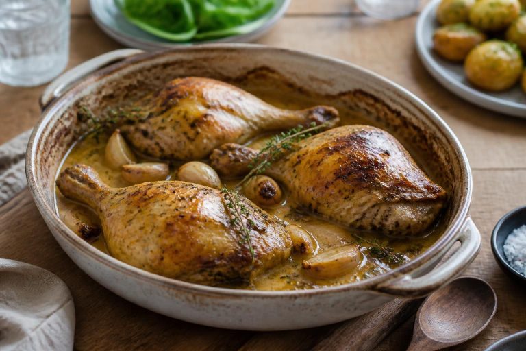 Cuisses de poulet au four nappées d'une sauce dorée, servies dans un plat à rôtir avec des herbes fraîches et de l'ail