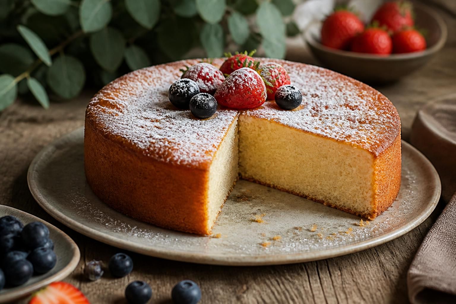 Gâteau zéro calorie (ou presque) tranché sur une assiette blanche, texture moelleuse au fromage blanc et aux flocons d'avoine, vue de dessus