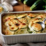 Gratin de courgettes à la béchamel maison gratiné au gruyère, sorti du four dans un plat en céramique blanc, courgettes fondantes et dessus bien doré