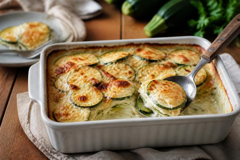 Gratin de courgettes à la béchamel maison gratiné au gruyère, sorti du four dans un plat en céramique blanc, courgettes fondantes et dessus bien doré
