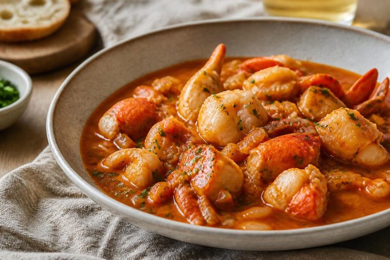 Lotte à l'armoricaine dans une cocotte en fonte, tronçons de queue de lotte nappés d'une sauce tomate-cognac aux éclats de tomates concassées, servis avec du riz basmati
