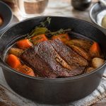 Paleron de bœuf mijoté en cocotte en fonte, entouré de carottes, d'oignons et d'herbes aromatiques, sauce brillante et viande fondante