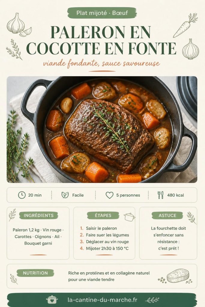 Paleron en cocotte en fonte fondant, sauce au vin rouge et légumes mijotés, recette détaillée