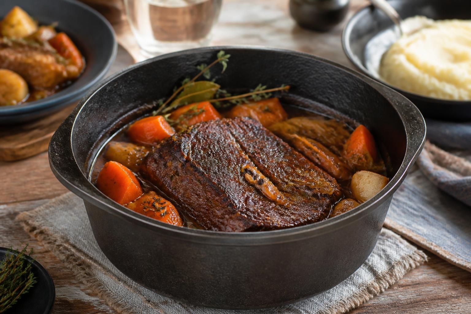 Paleron de bœuf mijoté en cocotte en fonte, entouré de carottes, d'oignons et d'herbes aromatiques, sauce brillante et viande fondante