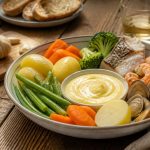 Bol en terre cuite rempli d'aïoli traditionnel provençal crémeux, entouré de gousses d'ail frais, d'un filet d'huile d'olive et d'un mortier en marbre sur une table en bois clair