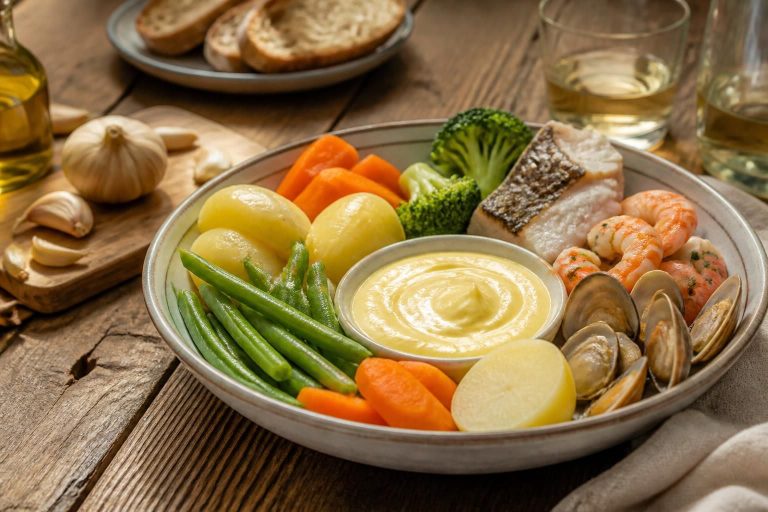 Bol en terre cuite rempli d'aïoli traditionnel provençal crémeux, entouré de gousses d'ail frais, d'un filet d'huile d'olive et d'un mortier en marbre sur une table en bois clair