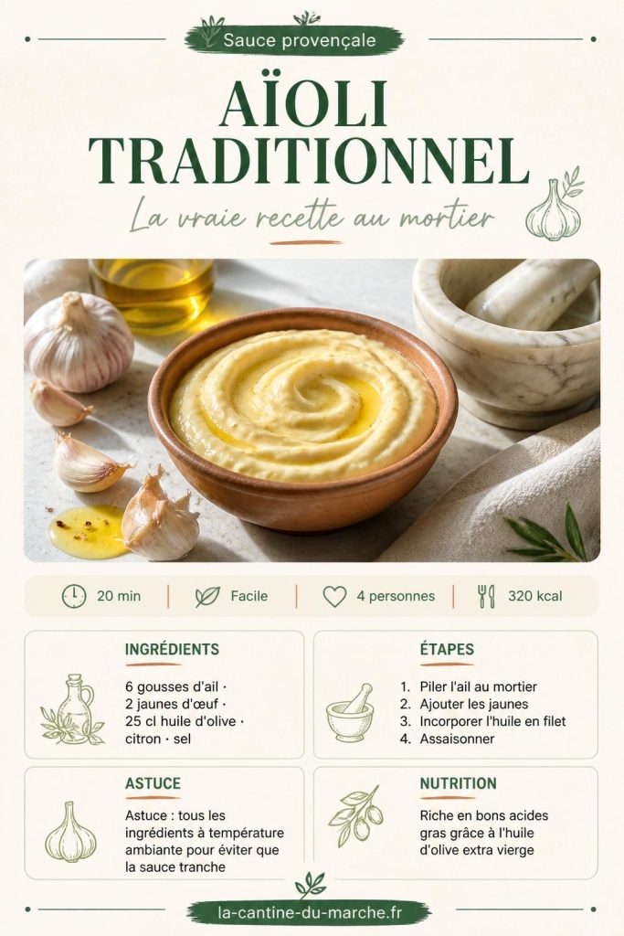 Aïoli traditionnel provençal dans un mortier en marbre, entouré de morue et légumes vapeur, recette épingler Pinterest