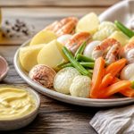 Grand aïoli provençal maison servi sur une grande assiette avec morue pochée, pommes de terre vapeur, carottes, haricots verts et œufs durs, accompagné d'un bol de sauce aïoli dorée au centre