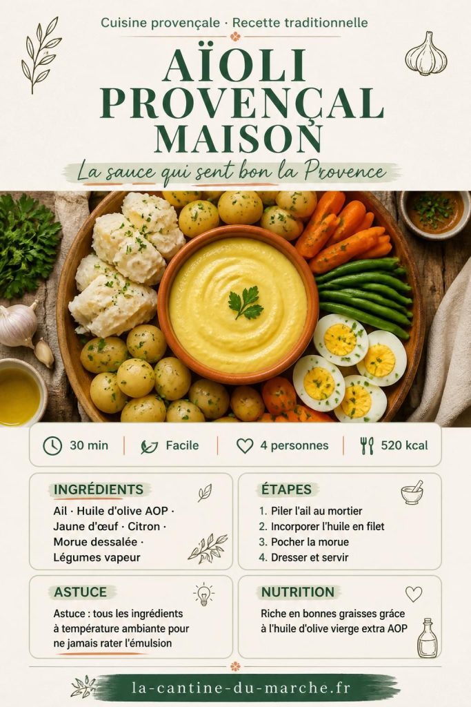 Grand aïoli provençal maison avec morue pochée, légumes vapeur et sauce aïoli dorée au centre, présentation rustique sur table en bois