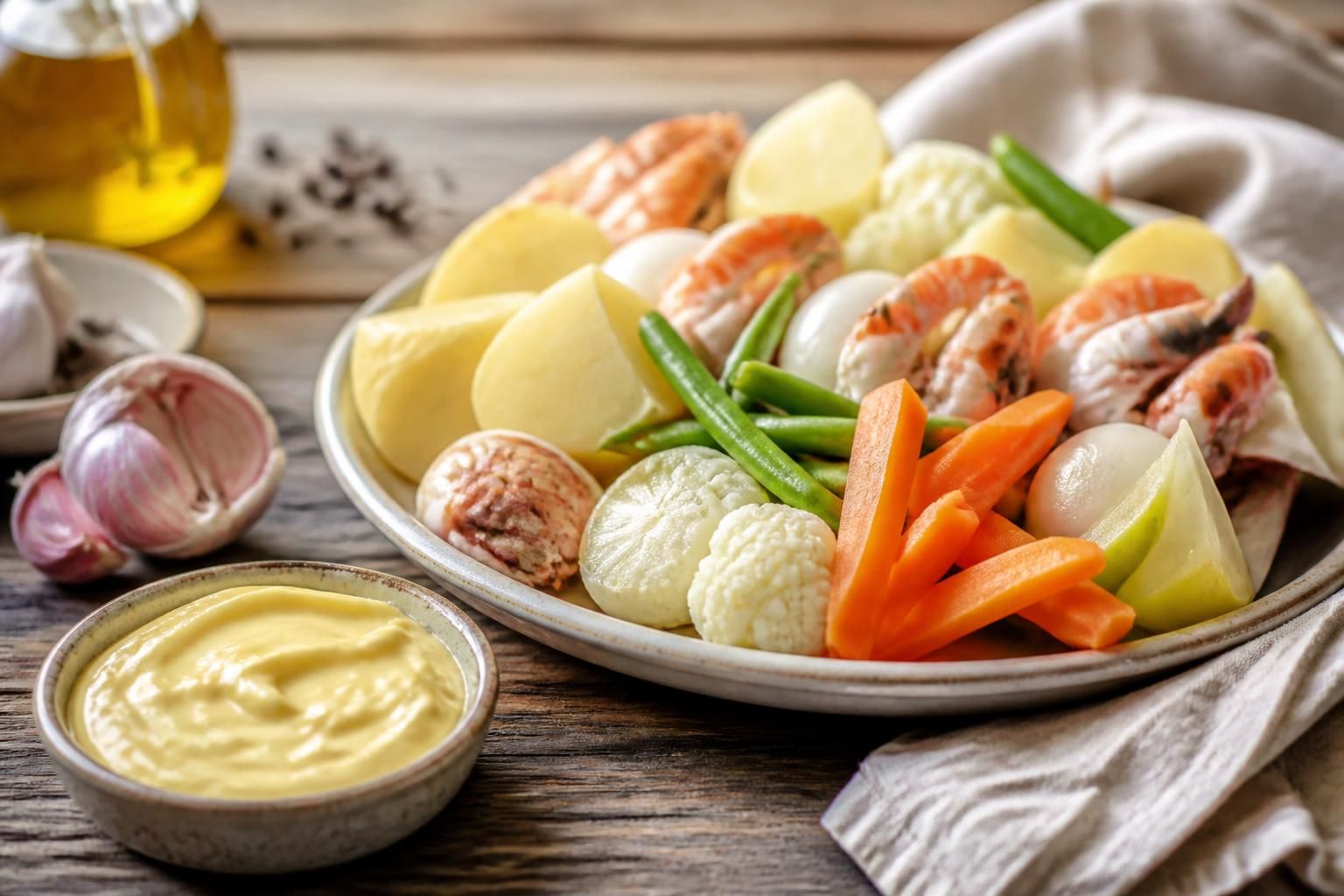 Grand aïoli provençal maison servi sur une grande assiette avec morue pochée, pommes de terre vapeur, carottes, haricots verts et œufs durs, accompagné d'un bol de sauce aïoli dorée au centre