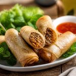 Assiette de nems maison dorés et croustillants, servis avec une sauce nuoc-mâm et des feuilles de salade verte