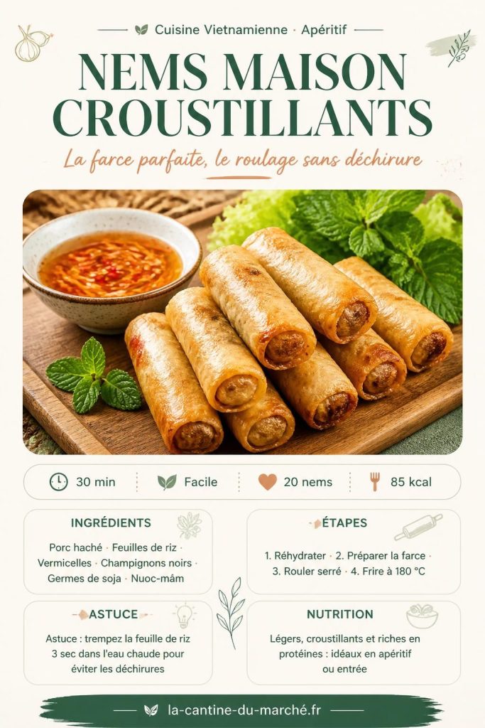 Nems maison croustillants sur planche en bois avec sauce nuoc-mâm et feuilles de menthe