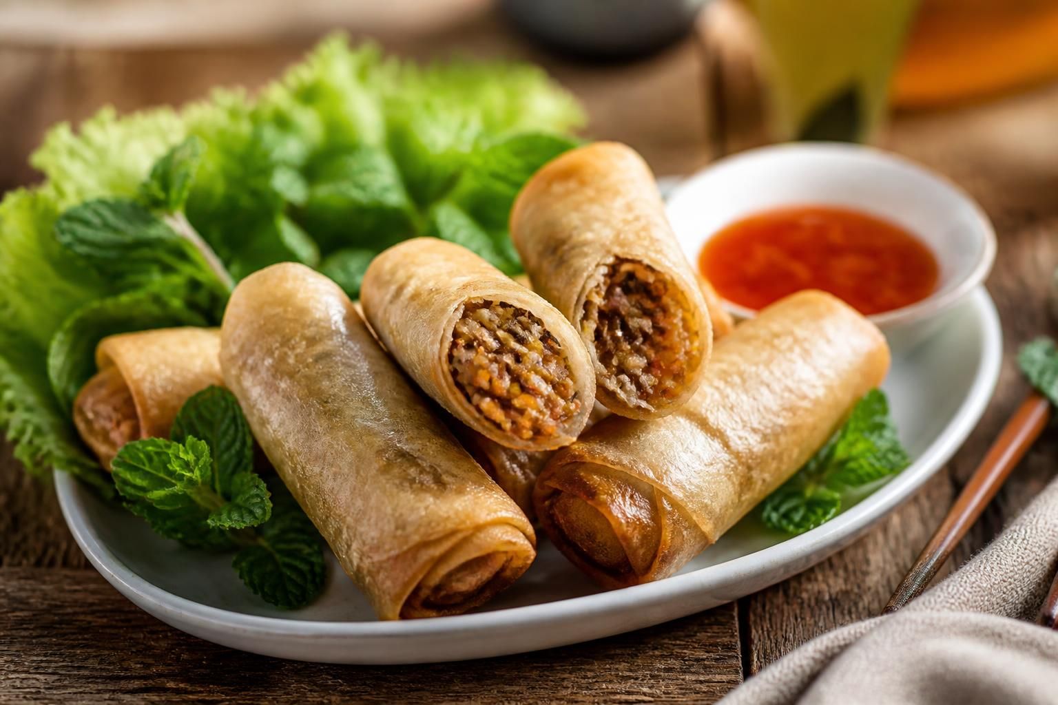 Assiette de nems maison dorés et croustillants, servis avec une sauce nuoc-mâm et des feuilles de salade verte